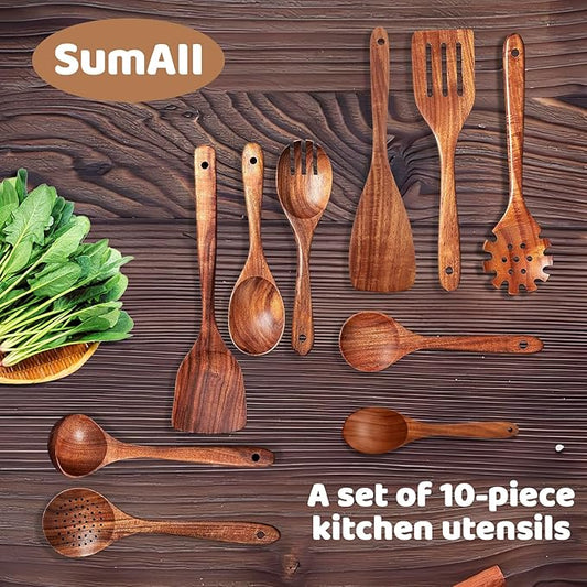 10 PCs Teak Wooden Utensil Set with Hooks, Wooden Spoons for Cooking, Wood Cooking Utensils Set, Comfort Grip, Non Stick Cookware, Easy to Clean, Kitchen Stuff, Wood Spatula