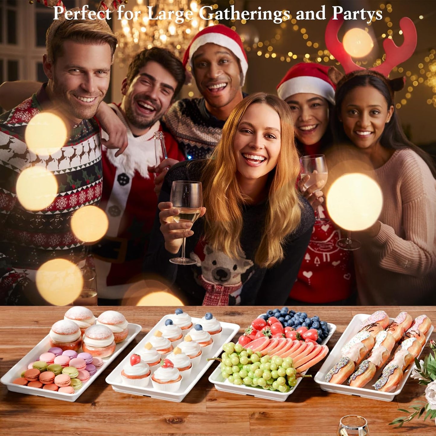 Extra Large Serving Tray Melamine Plastic for Party Supplies, 14" x 7" Platters for Serving Food, 4 pcs White Reusable Tray for Veggie, Snack, Fruit, Cookies, Desserts in Kitchen/Pantry Organization