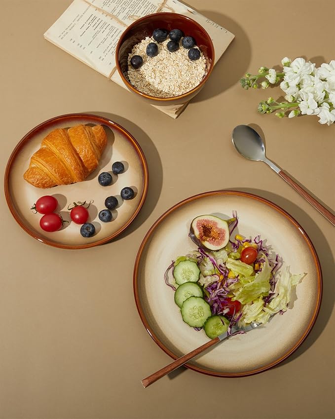 Ceramic Dishes Set for 8, 24 Piece Stoneware Dinnerware Sets, Chip and Scratch Resistant, Easy to Stack & Clean, Modern Rustic Look, Brown Yellow