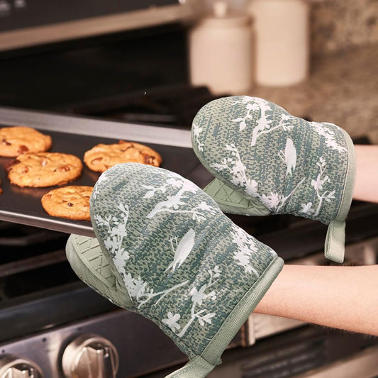 Mini Silicone Oven Mitts, Heat and Slip Resistant Kitchen Gloves 2-Pack Set, Birds Flower Soft Short Oven Mittens, Flexible Thick Pot Holders for Safe Cooking Baking and Grilling (Mini, Aqua)