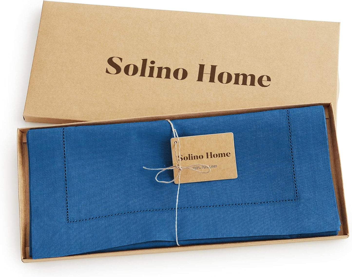Solino Home Linen Table Runner 48 Inches - 100% Pure Linen Indigo Blue Hemstitch Table Runner 14 x 48 Inch Ideal for Dresser and Coffee Tables - Fall, Autumn, Christmas, Holiday - Classic Hemstitch