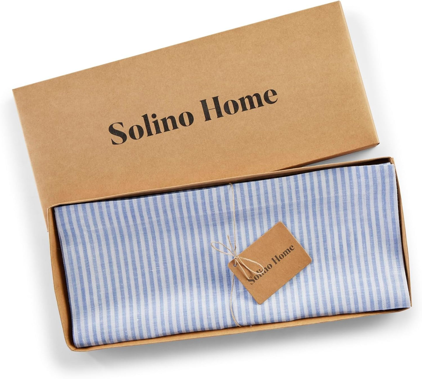 Solino Home Linen Table Runner 72 Inches Long - Narrow Stripe, 100% Pure Linen Cornflower Blue and White Table Runner 14 x 72 Inch for Dining, Dresser