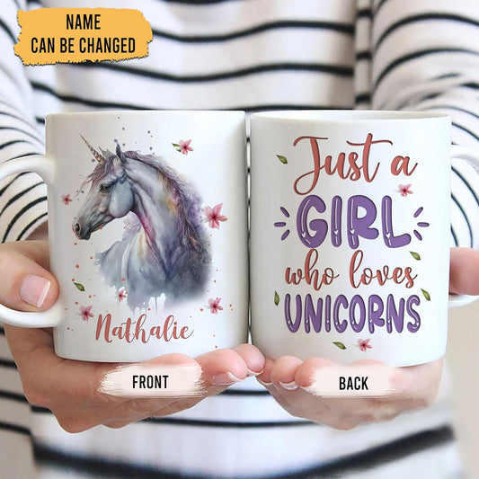 Hyturtle Personalized Gifts Unicorn Lover - Just A Girl Who Loves Unicorns Custom Name Ceramic Coffee Mug Cup 11oz - Idea Cute Animal Lover Gifts For Women, Girl Daughter On Birthday, Christmas