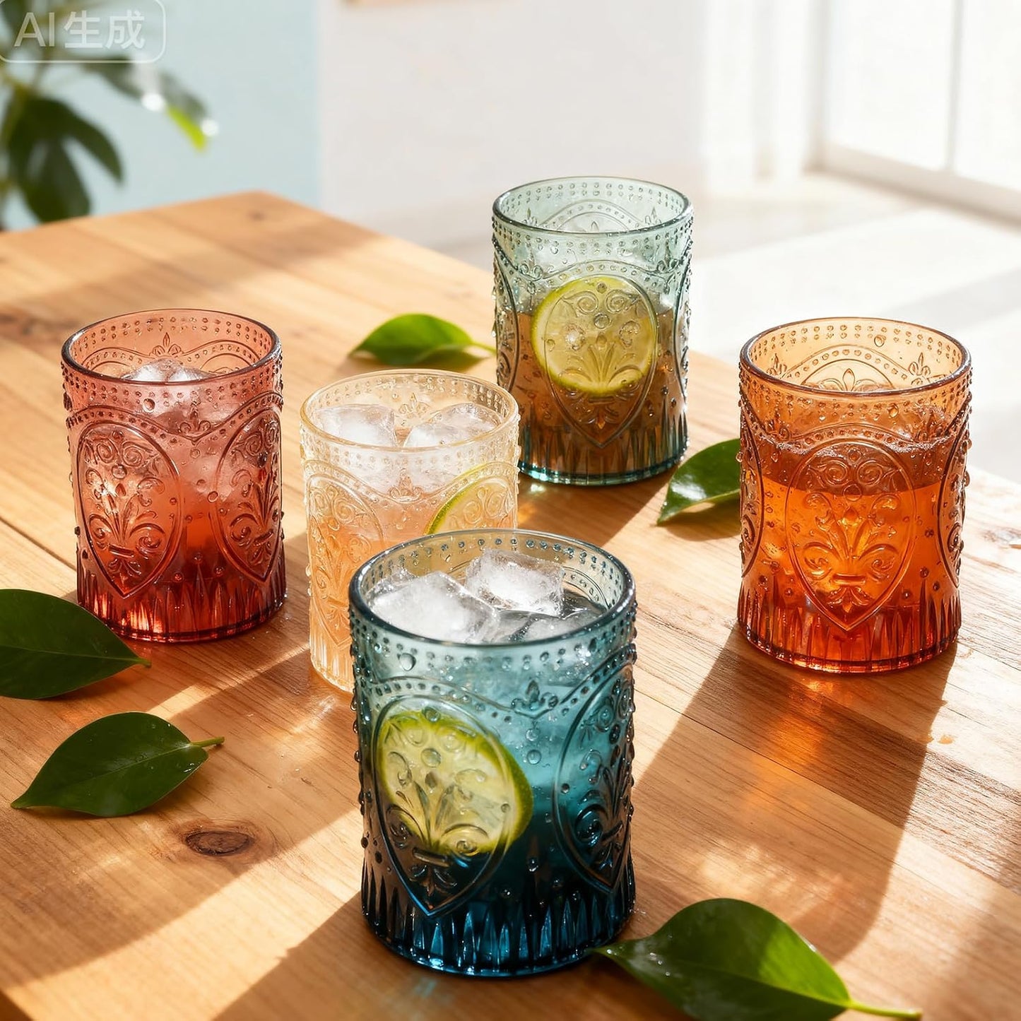 24 Plastic Vintage Drinking Glasses 8.5oz Stemless Retro Embossed Wine Glasses Shatterproof Reusable Cups for Baby Shower Wedding Reception Grand Event Party (Vintage Multicolor)