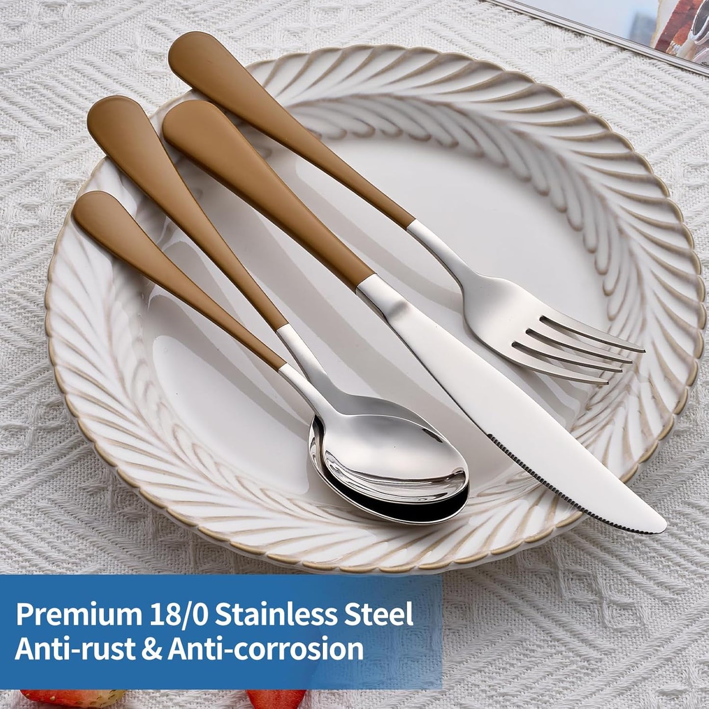 20-Piece Coffee Color Silverware Set 18/0 Stainless Steel Coffee Color Handle Flatware Set Service for 4 Modern Cutlery Set Includes Dinner Knives Forks Spoons, Mirror Polished Dishwasher Safe