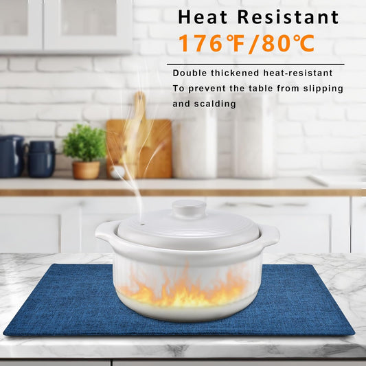 SLKQG Navy Linen-Look Fabric Placemats Set of 4, Heat Resistant & Machine Washable Double-Layered Cloth Placemats for Dining Table, Indoor/Outdoor Use, Non-Slip Kitchen Table Mats (4, Navy)