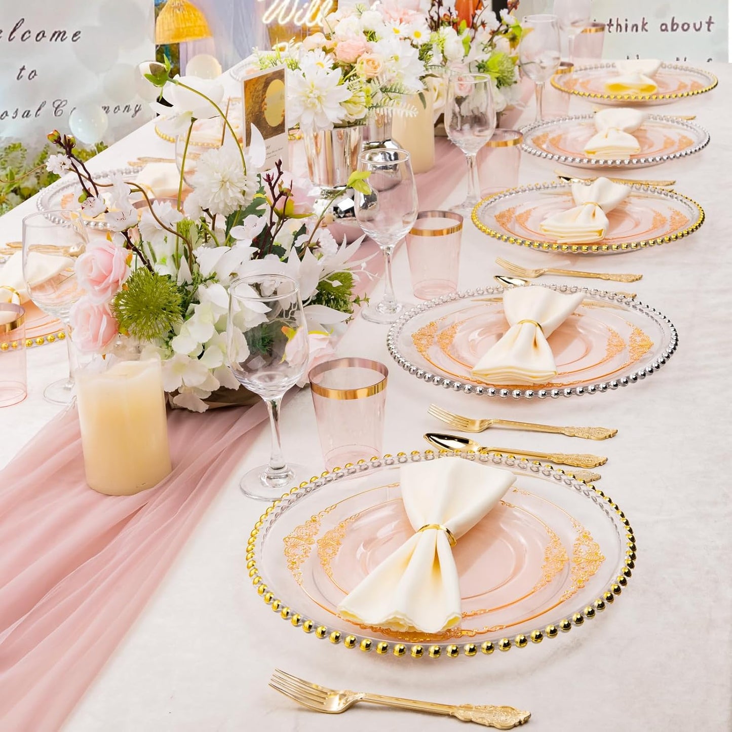 Hioasis 175pcs Clear Pink Plastic Plates - Elegant Disposable Dinnerware Set Suitable for 25 Guests Include 10.25" Dinner & 7.5" Dessert Plates, Cutlery, Napkins, Cups for Party & Wedding