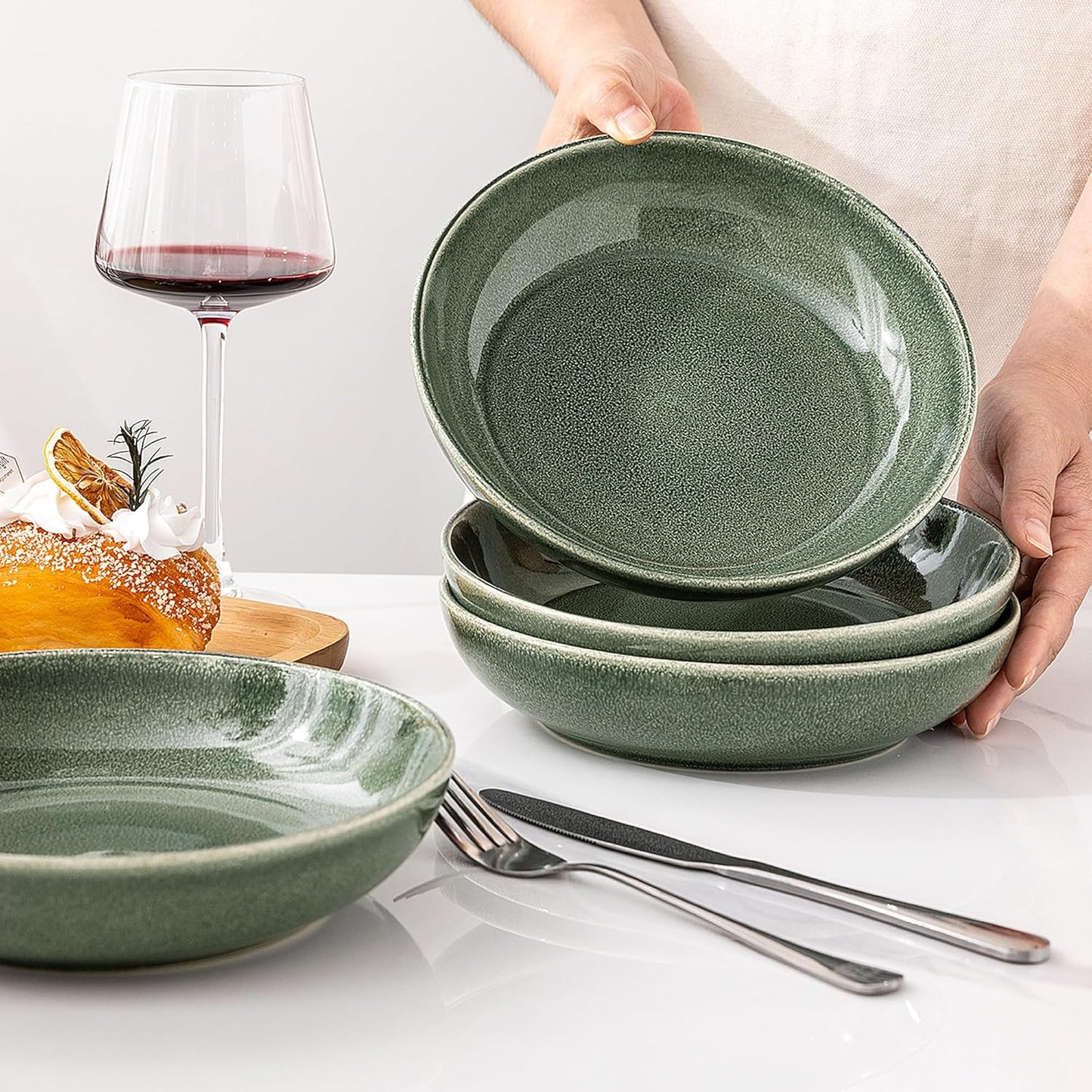 AmorArc 8.5'' Large Ceramic Pasta Bowls Set, 36oz Stoneware Bowls Set of 6 for Kitchen, Reavtive Glaze Bowls-Microwave,Dishwasher Safe-for Pasta,Salad,Oatmeal-Jade Green