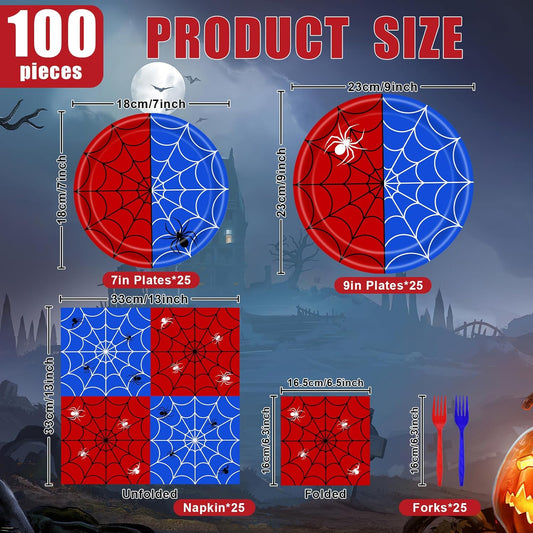 100 Pcs Spider Web Tableware Party Supplies – Disposable Red and Blue Web Paper Plates, Napkins, and Forks for Superhero Birthdays, Kids Parties, and Comic Theme Celebrations – Serves 25