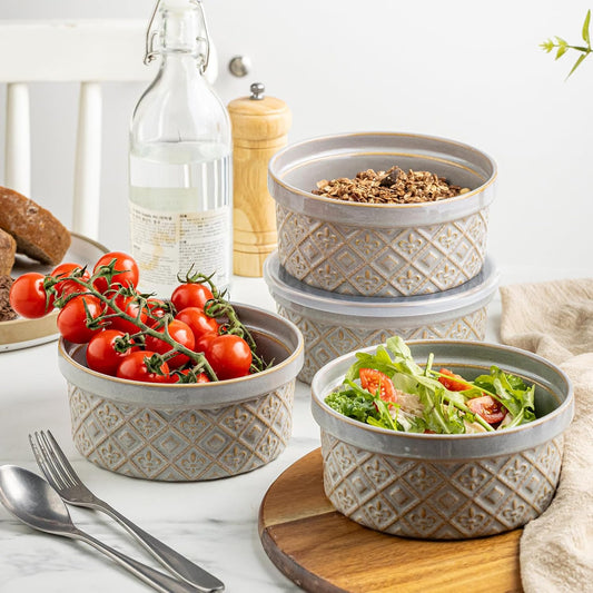 Ceramic Bowls with Lids set of 4, Soup Bowls, 28 oz Charcuterie Bowls Set for Kitchen, Food Storage Container Bowls Dishwasher & Microwave Safe for Salad, Pasta, Snack, Oatmeal, Fruit, Grey