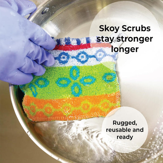 Skoy Scrub, 8-Pack Reusable, Non-Scratching Dish Scrubber for Kitchen and Household Cleaning, Planet-Friendly, Dishwasher Safe Soft Scrub, Assorted Colors and Designs