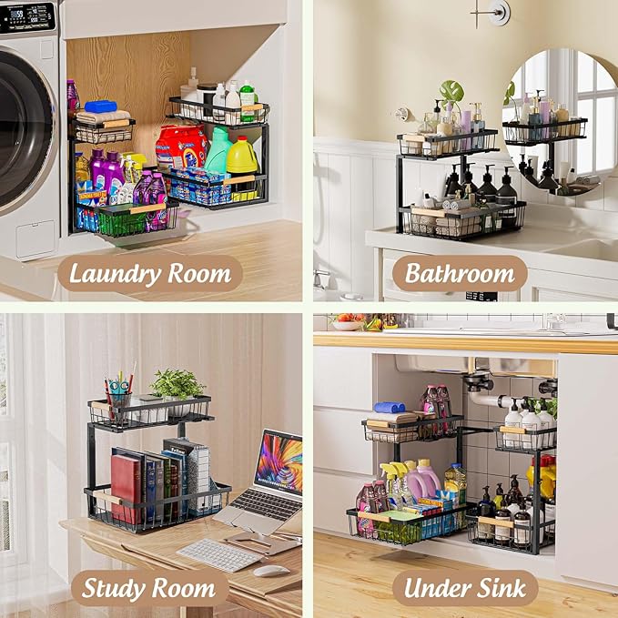 Under Sink Organizer and Storage, 2 Pack Slide Out Under Cabinet Storage Pull Out Sink Shelf Cabinet Storage Shelves, Undersink Organizers for Kitchen Bathroom Cabinet