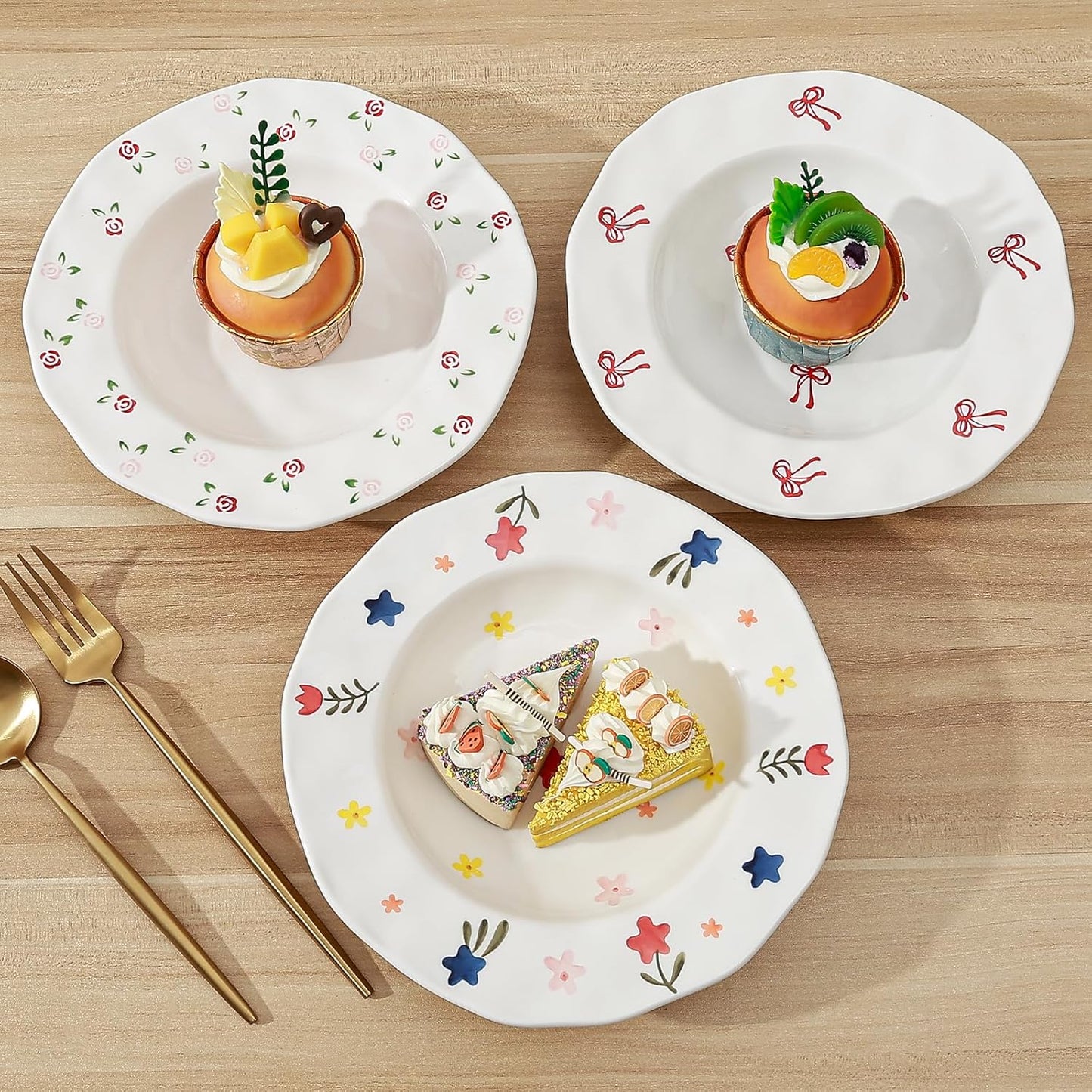 Koythin Ceramic Straw Hat Ramen Bowl Set, Pasta Bowls, Salad Serving Bowl for Noodle, Dinner, Salad, Microwave Dishwasher Safe (Red Rose Small Fragmented Flowers)