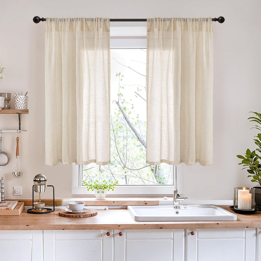 BGment 40 Inch Length Burlap Linen Curtains for Kitchen Window - Short Semi Sheer Drapes Natural Light Filtering with Rod Pocket for Cafe Bathroom Bedroom Lightweight, 2 Panels Set, 42 X 40 Inch