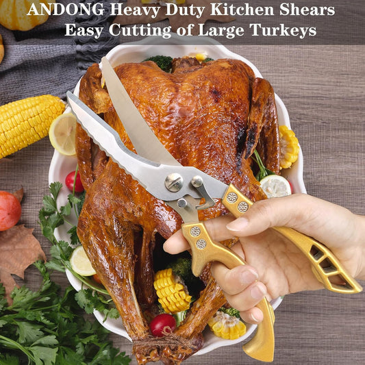 ANDONG Heavy Duty Kitchen Poultry Shears with Serrated Edge, Spring Loaded Kitchen Scissors, Professional Chicken Shears, Gold