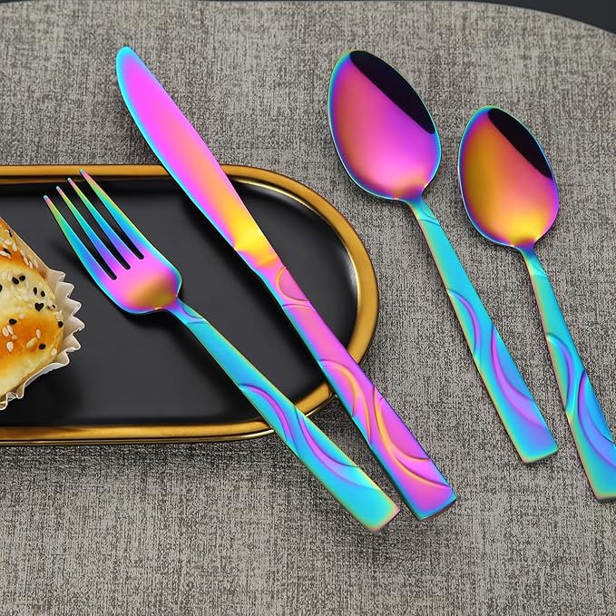 Rainbow Stainless Steel Flatware Set for 6, Ergonomic Silverware Set with Fork Spoon Knife, 30-piece Colorful Cutlery Tableware Set - Dishwasher Safe