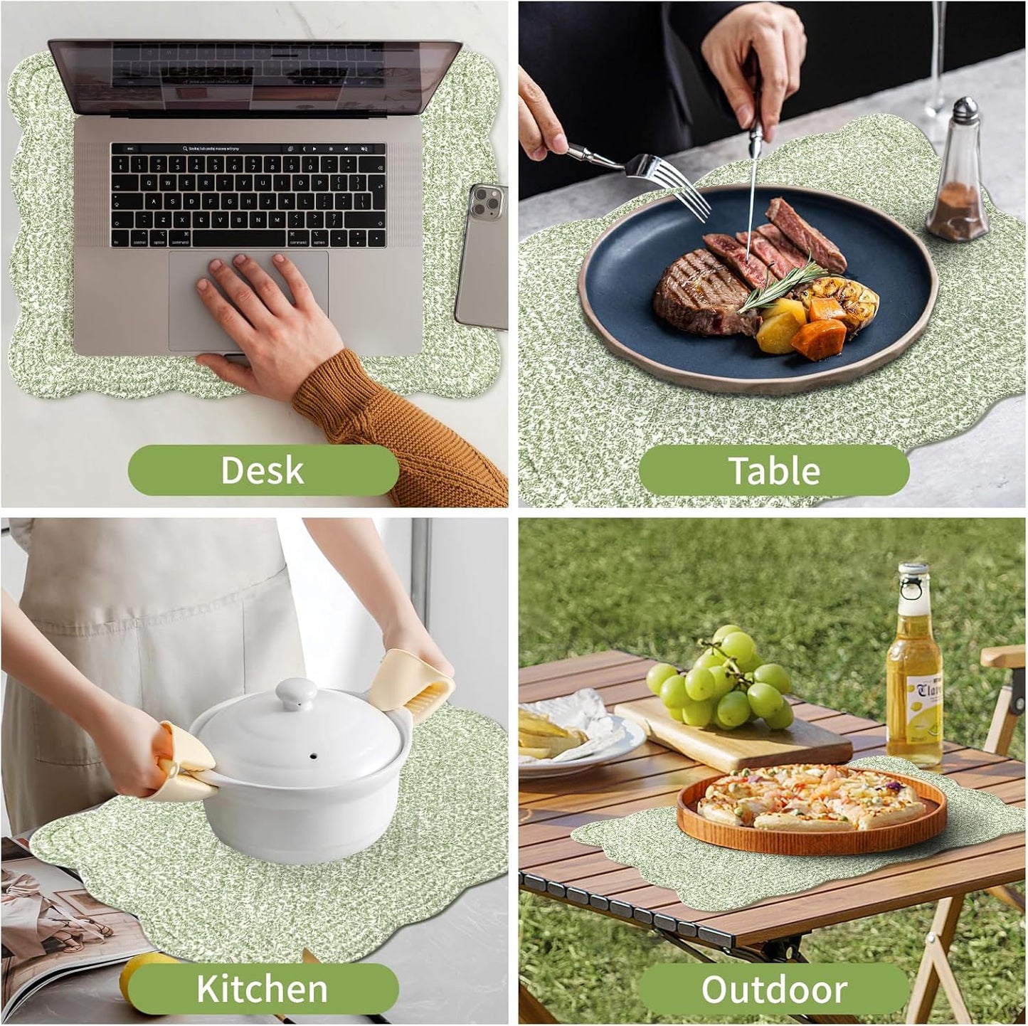 6 PC Quilted Placemats, 18"X13"Extra Large Cotton Placemats Set of 6, 100% Cotton Fabric Washable Cloth Table Mats for Kitchen & Dining Table - Soft &Easy Clean(Green Crushed Flower, Rectangular)