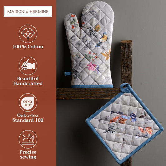 Maison d' Hermine 100% Cotton Oven Mitt & Pot Holder Set (7.5"x13" & 8"x8") Heat Resistant BBQ Cooking Gloves with Loop for Thanksgiving Christmas Decorations Handling Hot Pans (Equinoxe - Grey)