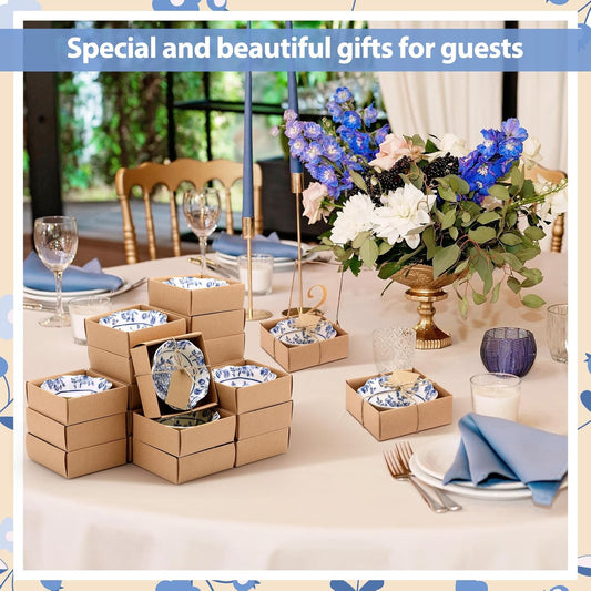 24 Pcs Wedding Favors for Guests Small Ceramic Bowl Bulk Gifts Set 3.3 Inch Floral Design Mini Dipping Bowl Sauce Dish with Cards Box for Bridal Baby Shower Birthday Guest Gift (Blue)