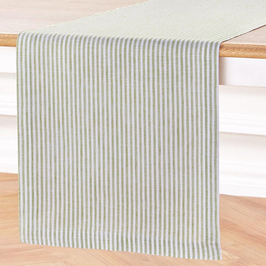 Solino Home Linen Table Runner 132 Inches Long - Narrow Stripe, 100% Pure Linen Avocado and White Farmhouse Table Runner 14 x 132 Inch for Dining, Fall, Autumn, Thanksgiving