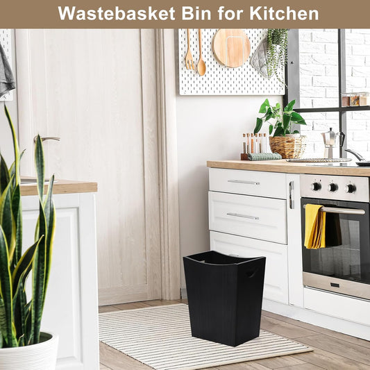 SEHERTIWY Wood Trash Can, Farmhouse Wastebasket Bin for Bathroom, Office, Bedroom, Living Room, Small Square Rustic Garbage Container (Wood-Black)