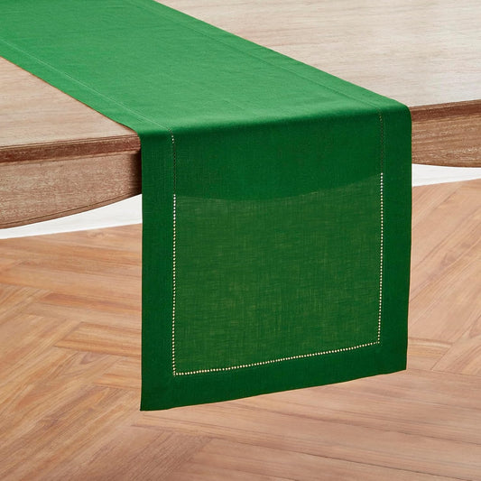 Solino Home Linen Table Runner 48 Inches - 100% Pure Linen Garden Green Hemstitch Table Runner 14 x 48 Inch Ideal for Dresser and Coffee Tables - Classic Hemstitch - Christmas