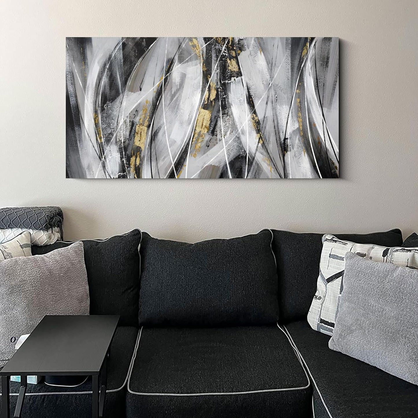 KLAKLA Black and Gold Abstract Wall Art - Big Picture for Living Room Wall - Black and White Canvas Art Work for Home Decor Bedroom Wall Decoration