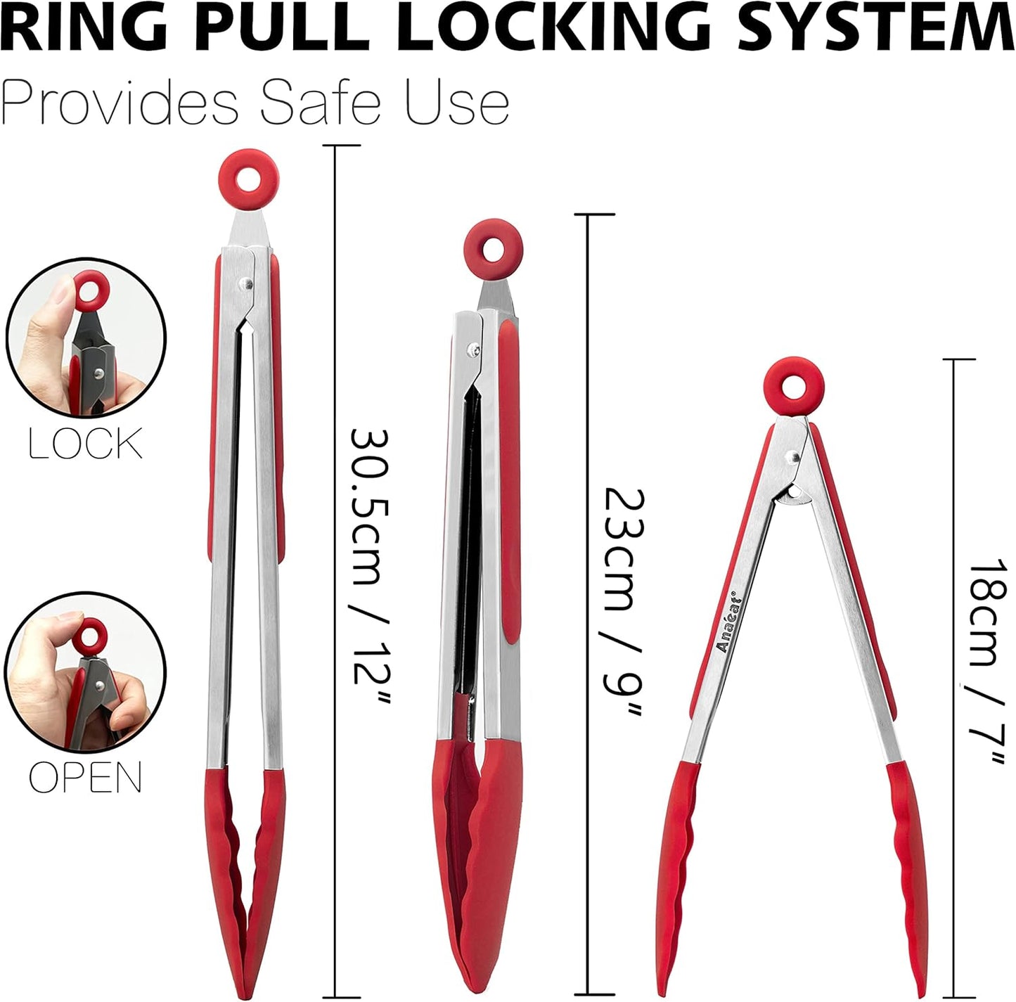 Anaeat Non-Stick Silicone Locking Tong Set of 3 - Stainless Steel 7", 9" and 12" Kitchen Food Tongs with Non-Slip Silicone Tips and Grip for Cooking, Baking and BBQ - Heat Resistant up to 480°F (Red)
