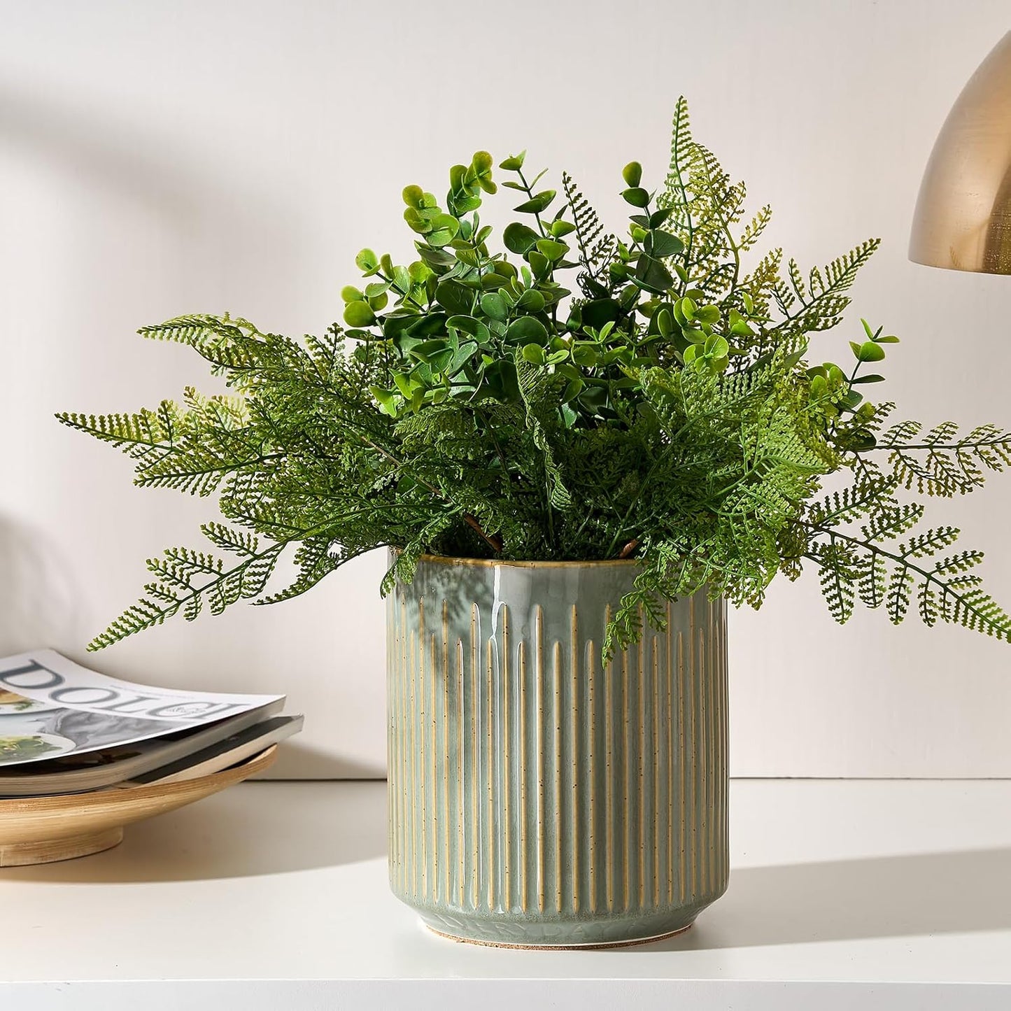 JIEMEI HOME Kitchen Utensil Holder, Ceramic Stable Utensil Crock for Countertop, 7.2" Large Utensil Organizer with Cork Mat, Removable Bamboo Divider for Kitchen Décor and Accessories, Green