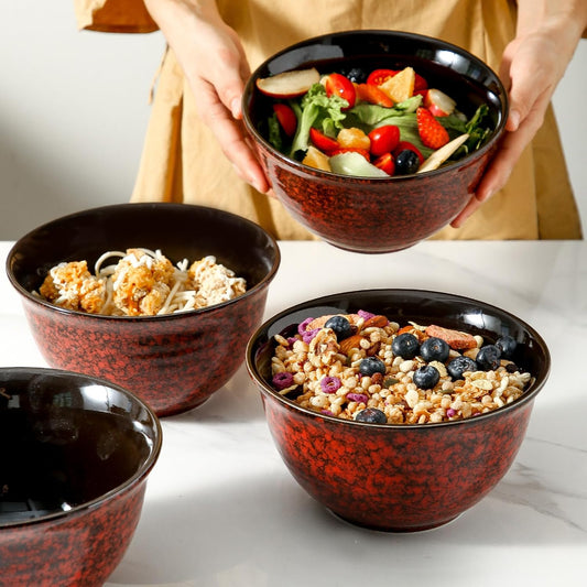 Hasense Ceramic Soup Bowls, 40 Oz Serving Bowls Set of 4, Cereal Bowls, Salad Bowls for Pasta Soup Popcorn, Dishwasher & Microwave Safe, Christmas Thanksgiving Gifts, Red
