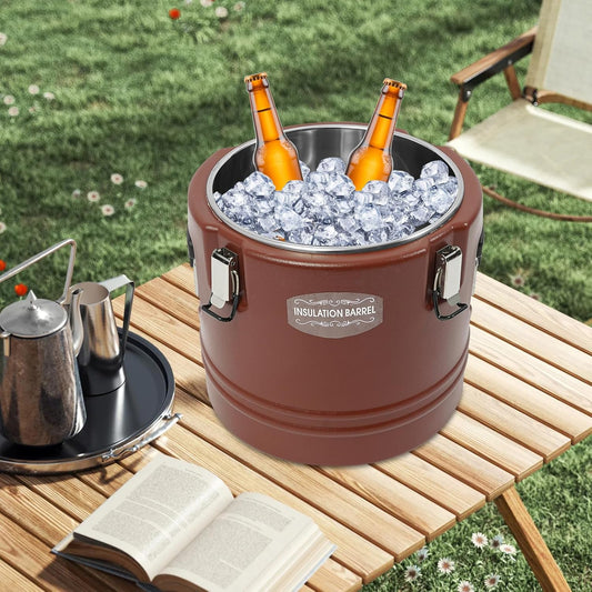 DYNAMI 8Gal Insulated Food Container with Handles&Buckles,Portable Commercial Food Warmer Insulated Soup Container Cold Hot Box for Catering,Stainless Steel Inner Liner, Sealed and Leak-proof (Brown)