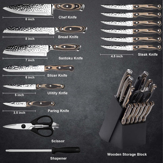 Kitchen Knife Set,15-Piece Knife Set With Block Wooden,Self Sharpening For Chef Knife Set,High Carbon Japan Stainless Steel Hammered Collection Knife Block Set with Steak Knives (Gray)