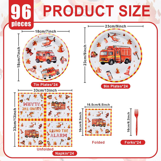 96 Pcs Firetruck Tableware Set – Disposable Firefighter Theme Dinnerware with Paper Plates, Napkins, and Red Forks for Kids Boys Birthday Party Decorations – Serves 24
