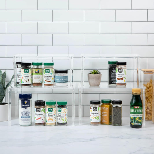 Acrylic Cabinet Shelf Organizer Set of 4 Spice Rack, Desk, Countertop Shelf, Bathroom, Pantry, Kitchen Storage, Refrigerator and Organization Stackable Shelves