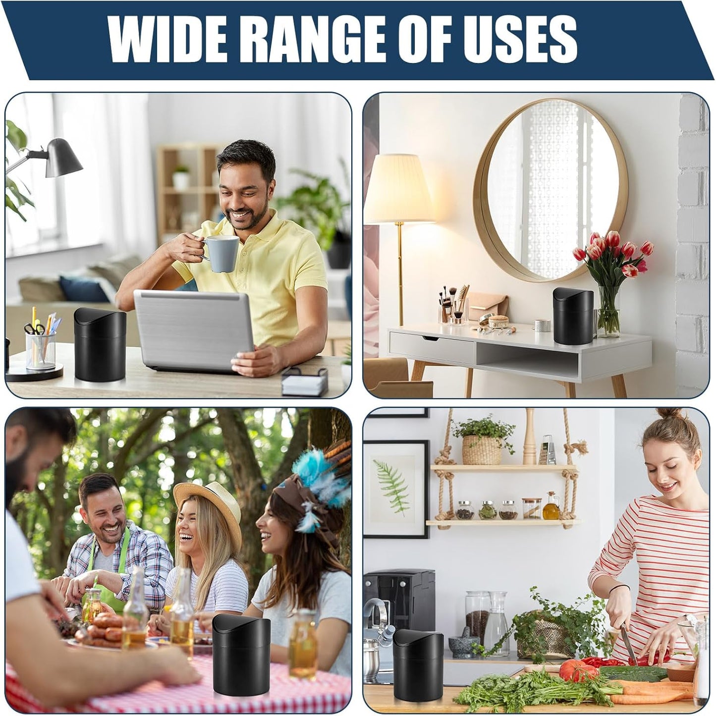 2 Pcs Desk Trash Can with Swing Lids, 12 Rolls of Trash Bags, 2L Brushed Stainless Steel Countertop Garbage Bin Small Wastebasket with Lid for Office Desk, Coffee Table (Black)