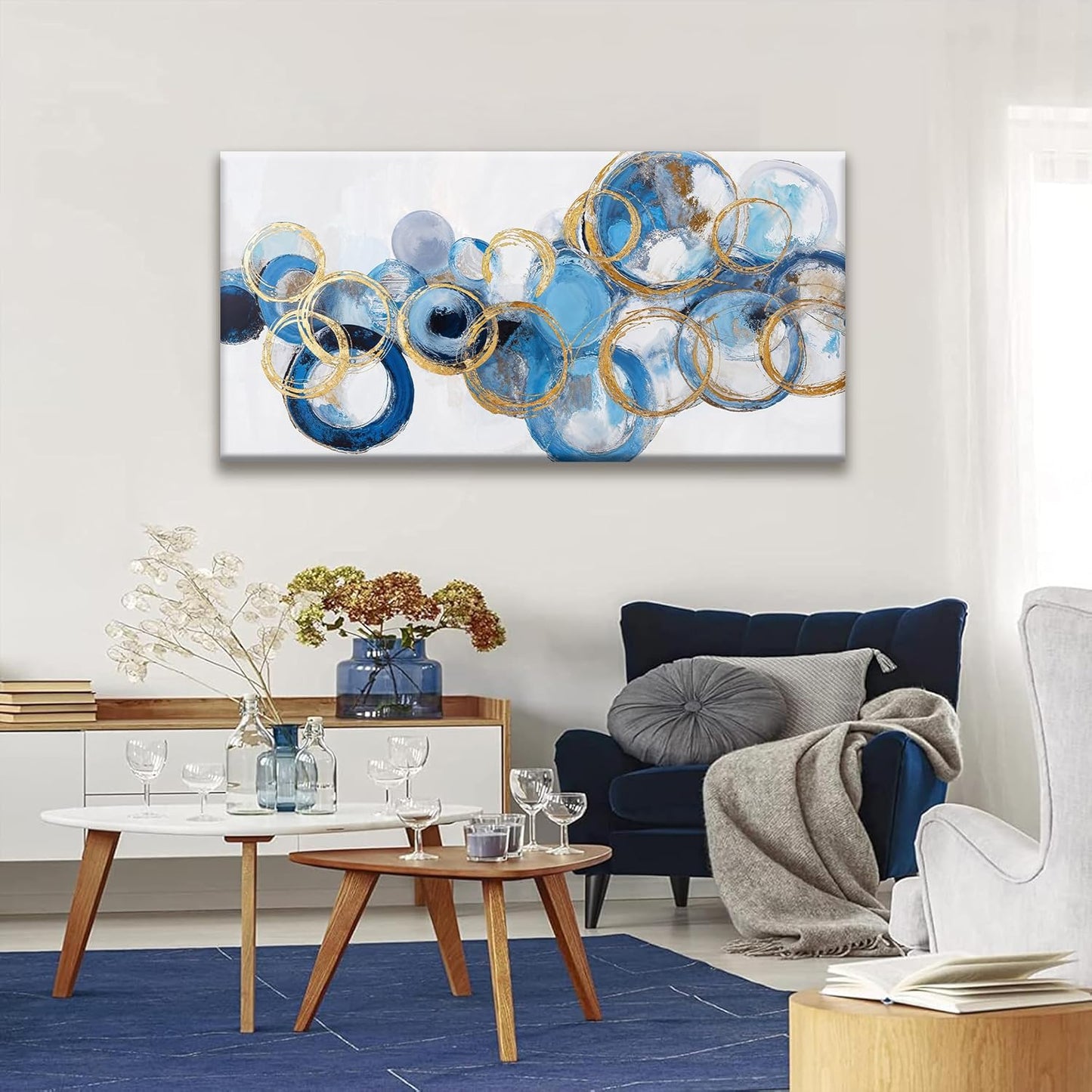 Suconvng Abstract Wall Art Maximalist Canvas Wall Art Decor Prints Blue Gold Circle Modern Abstract Wall Decor Artwork For Living Room Bedroom Kitchen Office Artwork Ready To Hang 24" × 48"