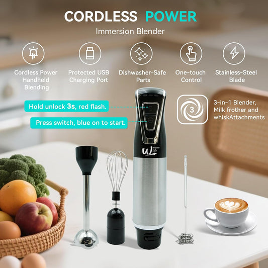 3-in-1 Cordless Hand Blender Set - One-Touch Control & Safety Lock, Immersion Blender with Whisk and Frother for Lattes, Desserts, Soups, Dishwasher-Safe