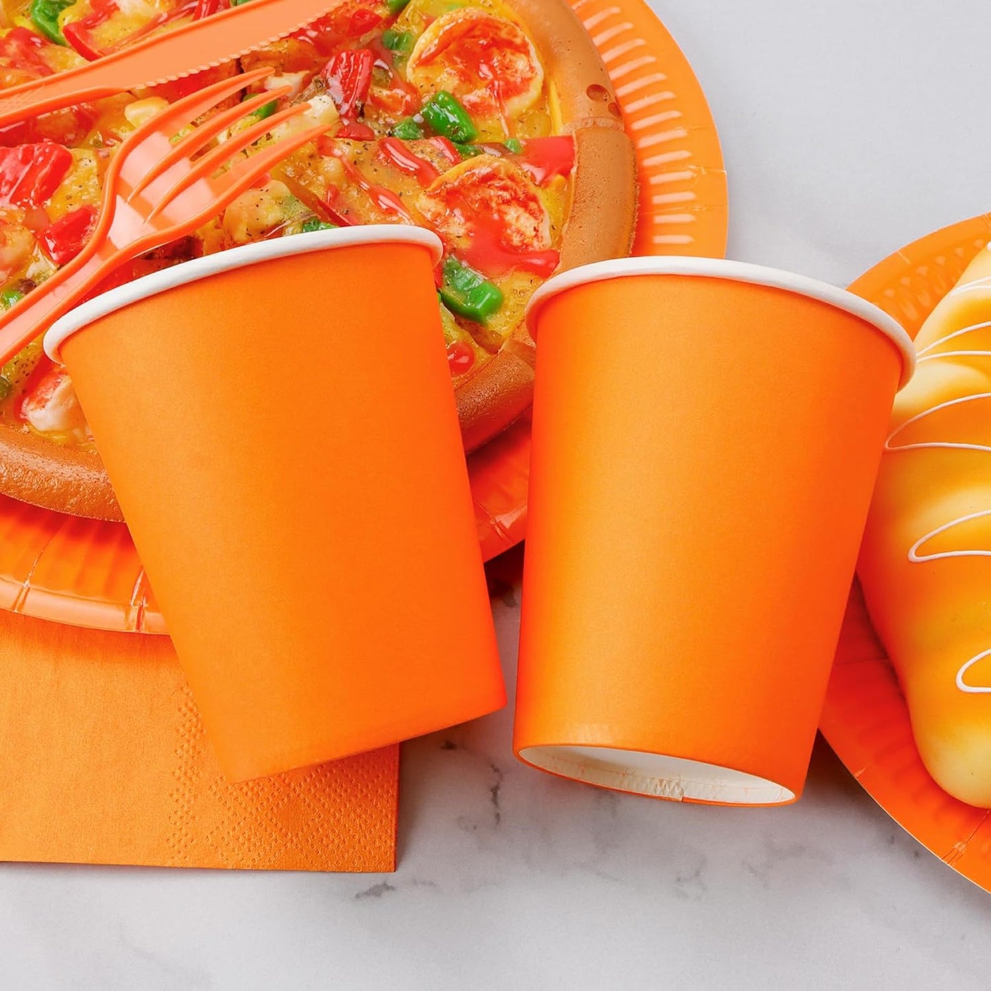 210pcs Orange Paper Plates Disposable Tableware Party Supplies- Includes 9" Dinner Plates, 7" Dessert Plates, 9oz Paper Cups, Napkins, Plastic Forks, Knives And Spoons For All Holiday Parties