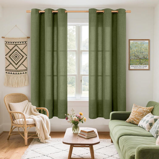 YoungsTex Olive Linen Curtains 63 Inch Length 2 Panels for Living Room Window, Dark Green Semi Sheer Drapes Light Filtering with Bronze Grommet for Bedroom Office, 42 X 63 Inch