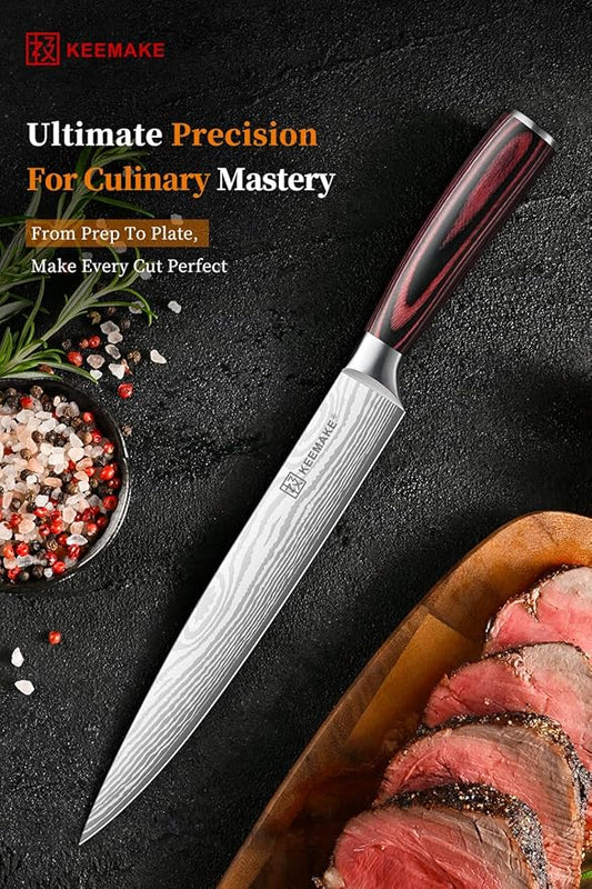 KEEMAKE 8 Inch Carving Knife - Ultra Sharp Slicing Knife High Carbon Stainless Steel Blade & Ergonomic Handle for Meat Cutting BBQ Turkey Ham Gift Box Included
