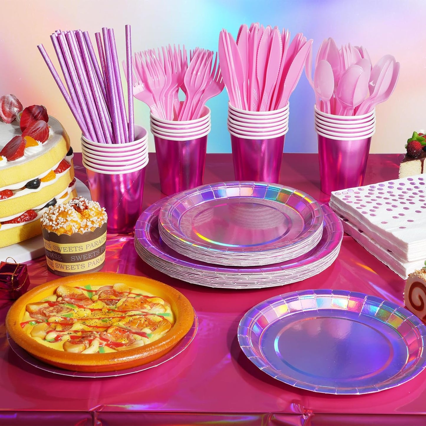 Iridescent Pink Party Supplies Decorations Serve 100, Hot Pink Holographic Paper Plates and Napkins, Disposable Pink Paper Plates Cups Knives Spoons Fork for Mermaid Disco Birthday Graduation Party