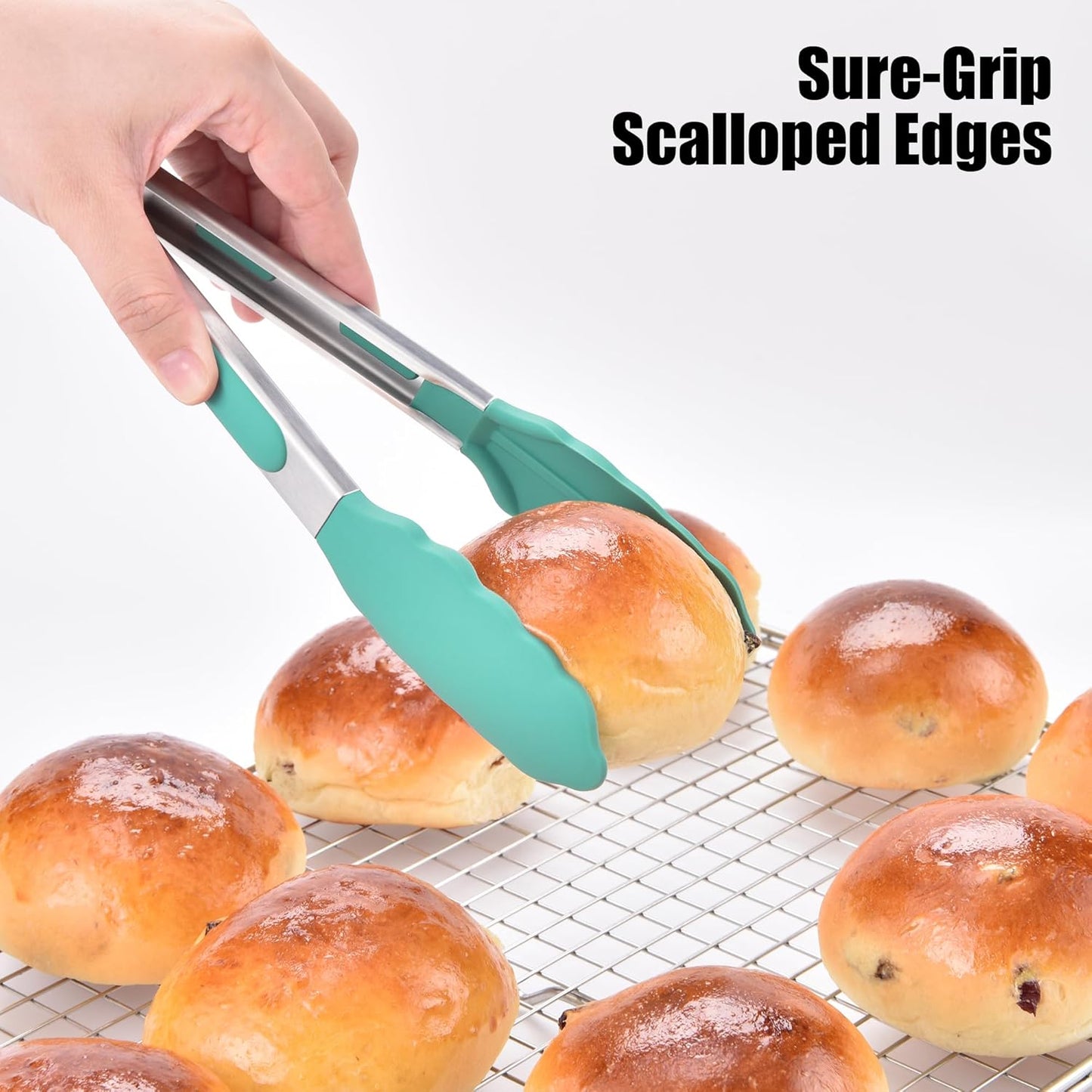 Doosu Kitchen Tongs for Cooking - 600°F Heat Resistant Food Tong Set with Non-Scratch Silicone Tips, Heavy Duty Stainless Steel Locking Tong for BBQ, Grilling Steak, Serving Salad (9+12in, Aqua Sky)