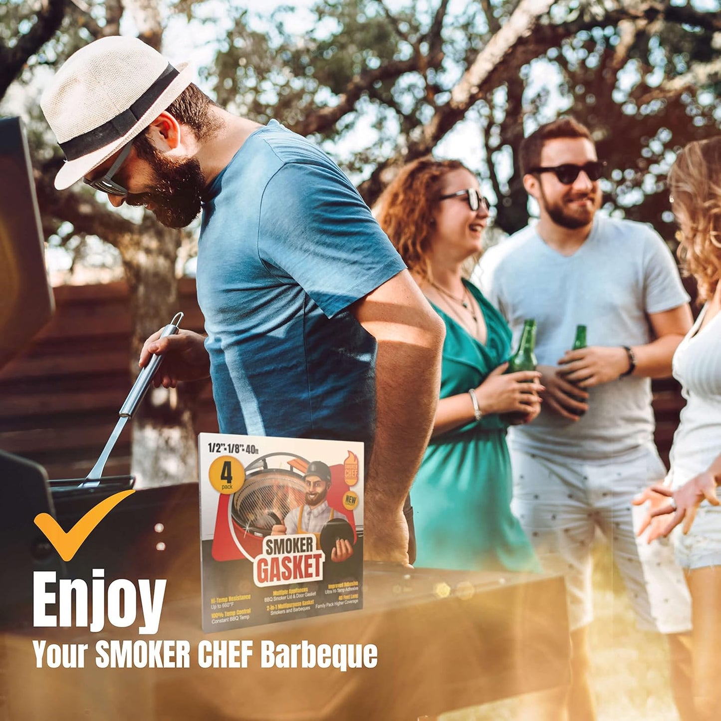 XXL 40 FT Grill Gasket for Smokers - Black 1/2’’ x 1/8’’ Hi Temp Seal Smoker Gasket – 4-Pack x 10 FT Self Stick Black Nomex Fire Tape BBQ Lid – Bbq Grill Smoker Accessories Gifts for Men