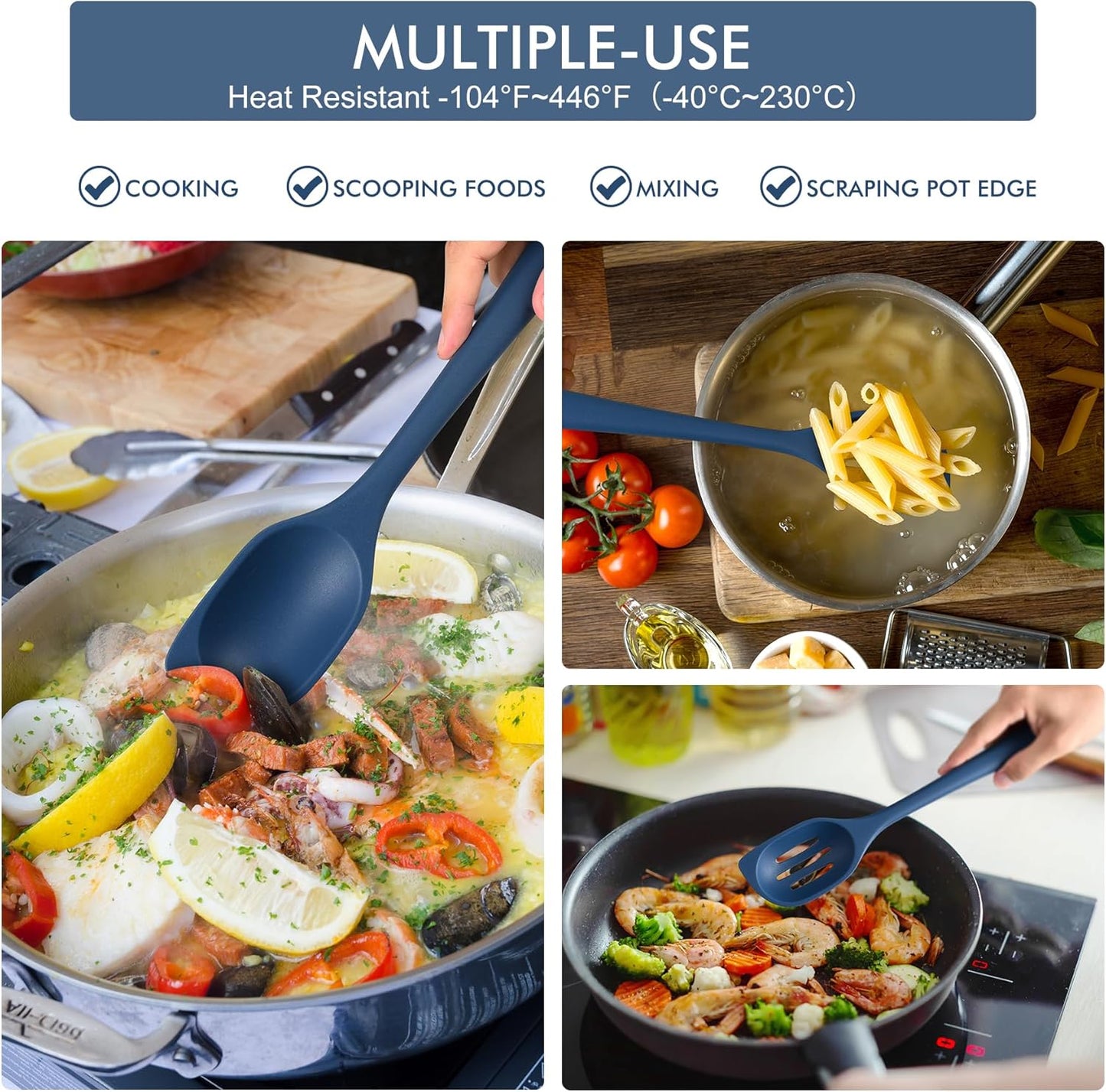 HOTEC 446°F Heat Resistant Silicone Cooking Spoon Spatula, BPA Free Large Kitchen Solid and Slotted Spoons for Mixing, Serving, Scraping, Non-stick, Dishwasher Safe Classic Blue 12.5inch