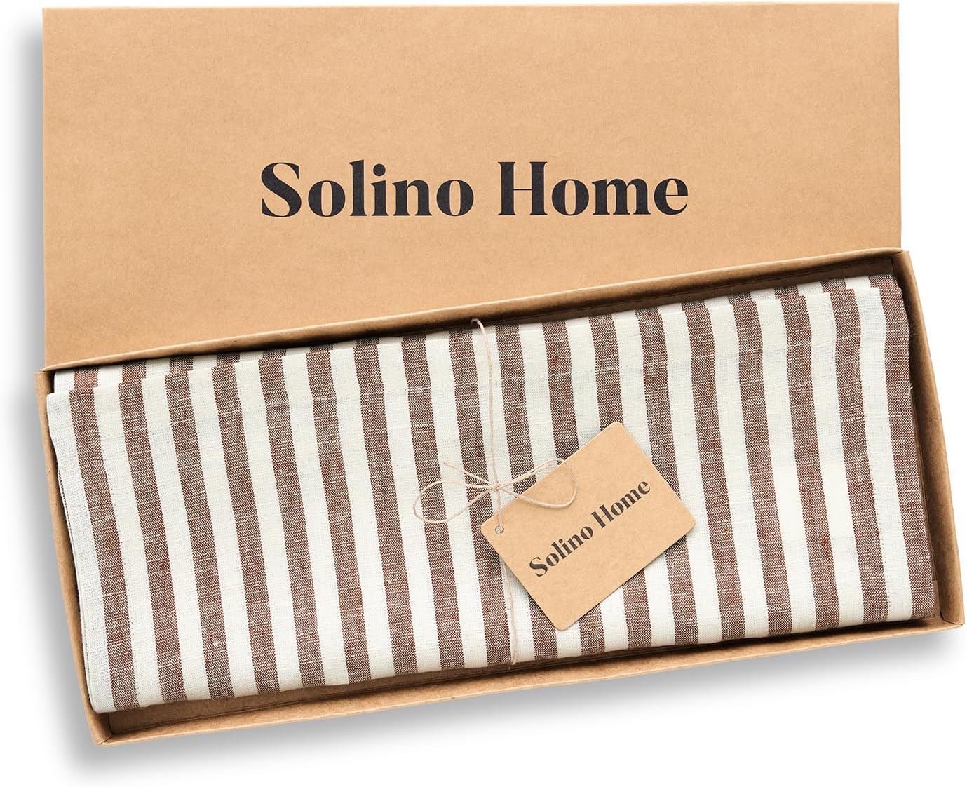 Solino Home Linen Table Runner 48 Inches - Amalfi Stripe 100% Pure Linen Brown and Cream Farmhouse Table Runner 14 x 48 Inch Ideal for Dresser and Coffee Tables - Fall, Autumn, Thanksgiving