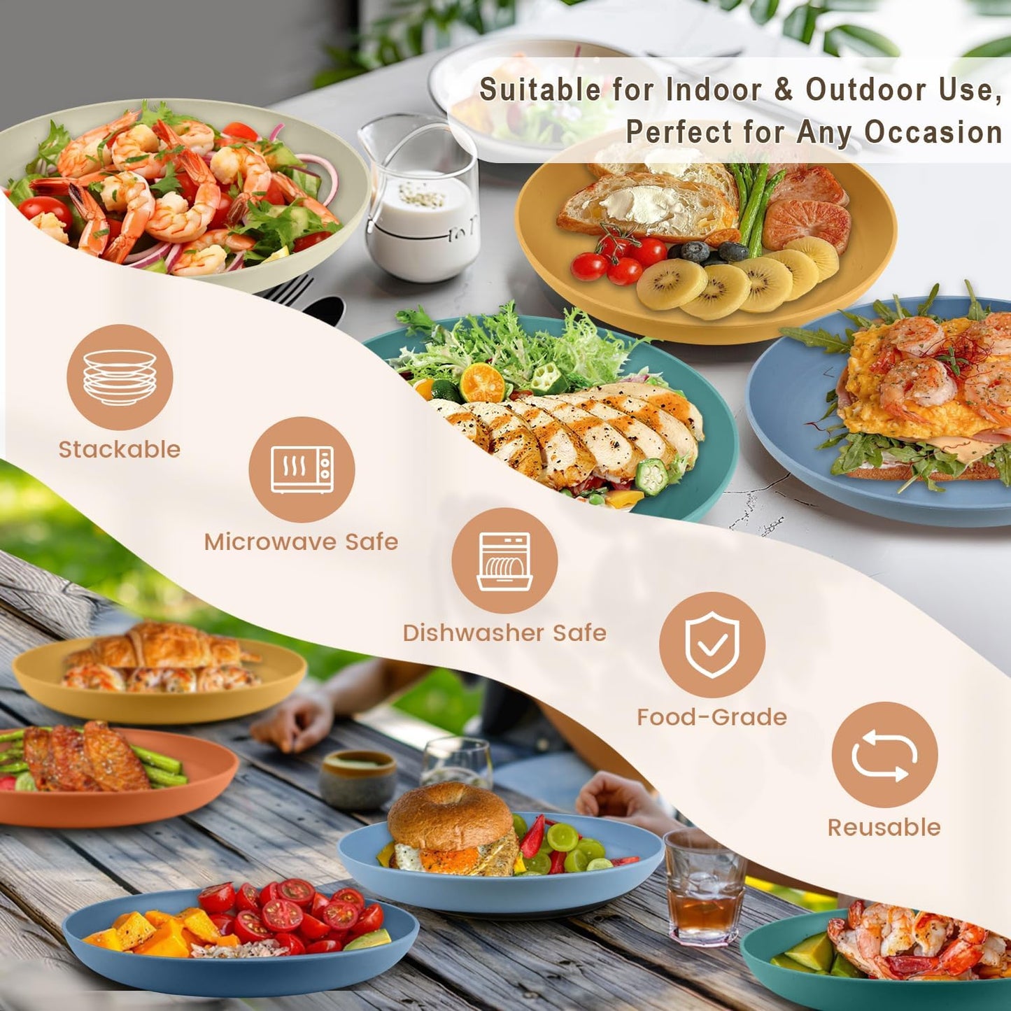 Homienly Dinner Plates, Deep Plate Set, Alternative to Plastic Plates, Microwave and Dishwasher Safe Wheat Straw Plates for Kitchen, Camping, Unbreakable Plate with 6 Colors, Set of 6 (9 Inch, Multi)