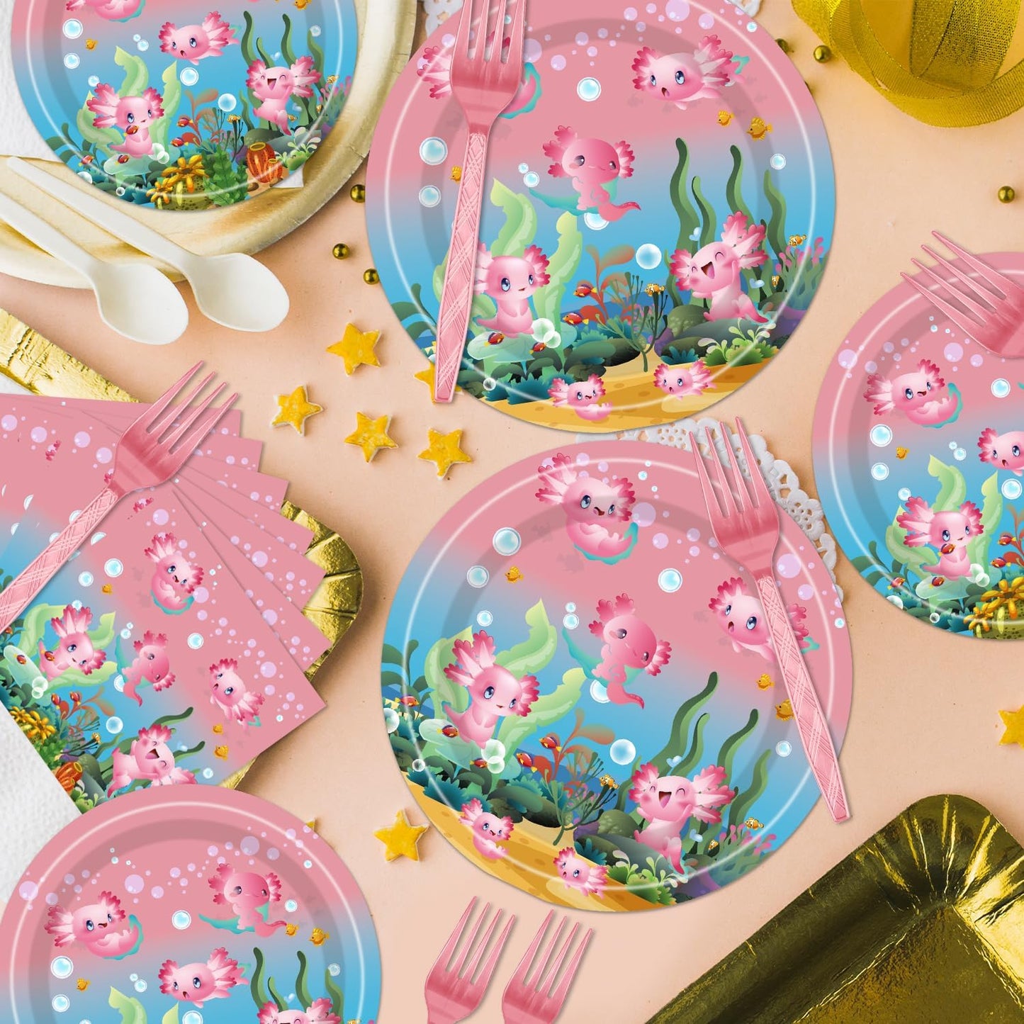 96pcs Axolotl Birthday Party Supplies - Pink Reptile Animals Axolotl Plates Napkins Forks Disposable Tableware Set Girl Axolotl Party Decorations Serves 24 Guests