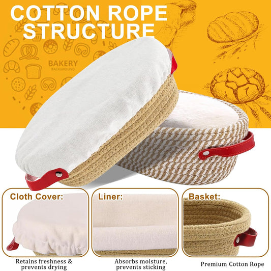 10 Inch Oval Cotton Rope Banneton Bread Proofing Basket Banneton Basket Set of 4 Sourdough Bread Baking Supplies with Liner & Cover