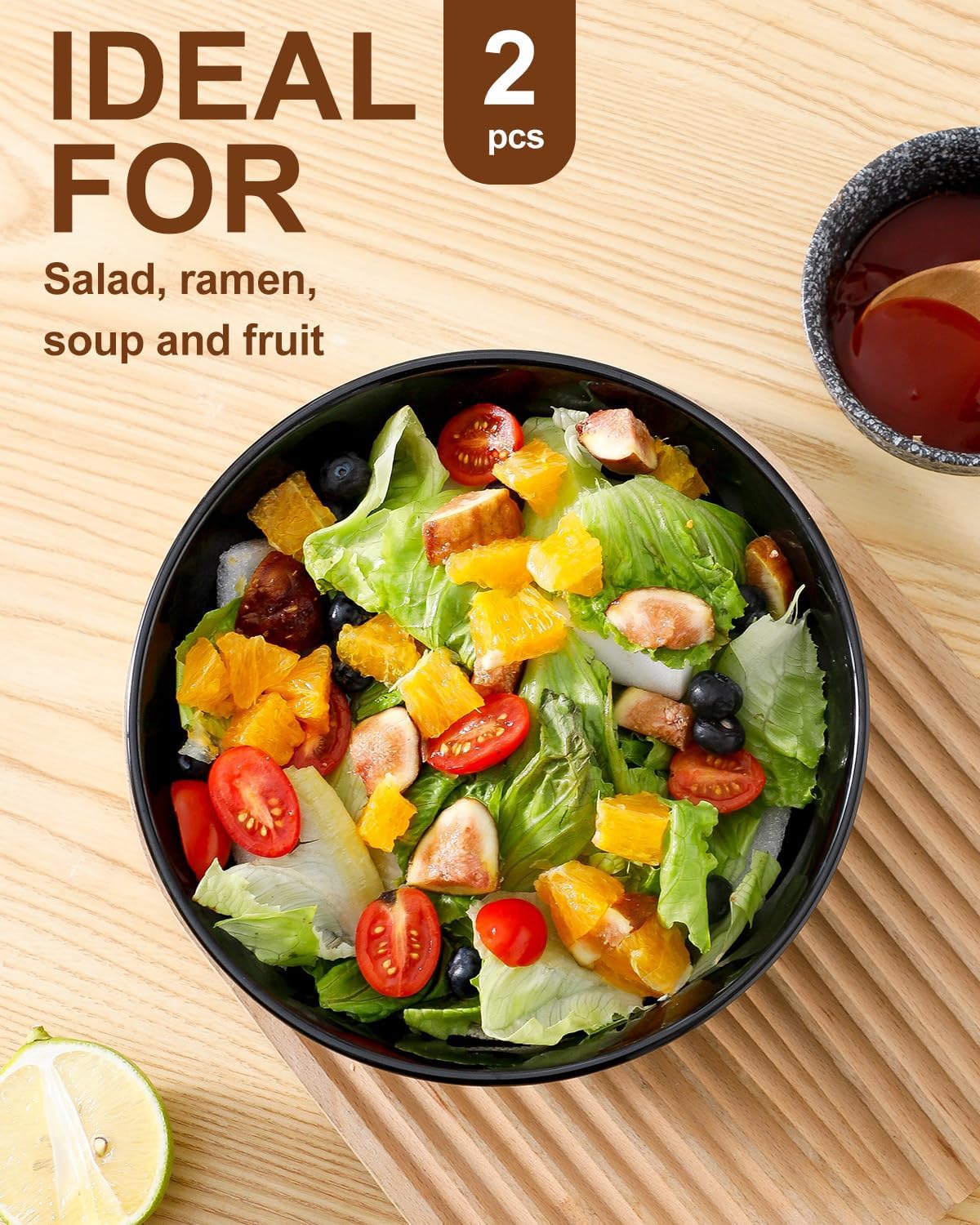 Hasense Large Serving Bowls Set of 2, 60 Oz Porcelain Salad Bowl 8 Inch for Kitchen Dining,Elegant Ribbed Ceramic Dishes for Party,Soup,Pho,Pasta,Cereal,Fruit - Dishwasher & Microwave Safe, Black