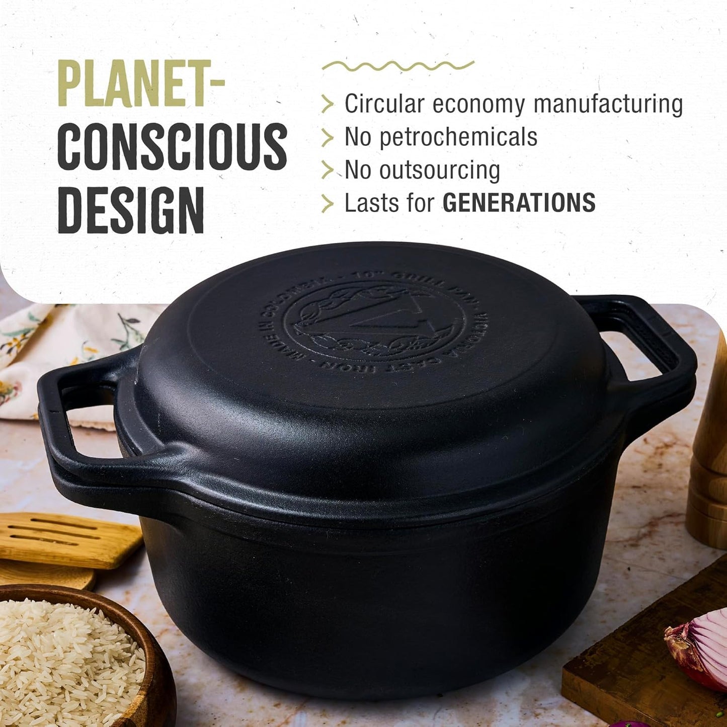 Victoria 6-Quart Cast Iron Combo Cooker, Combination Dutch Oven and Skillet, Made in Colombia, 2-Piece Set